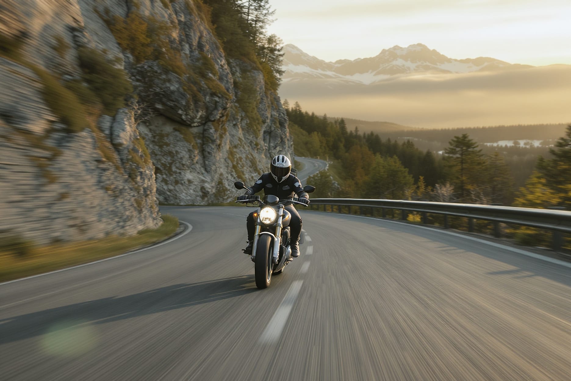 Motard dans un virage d’une route de montagne