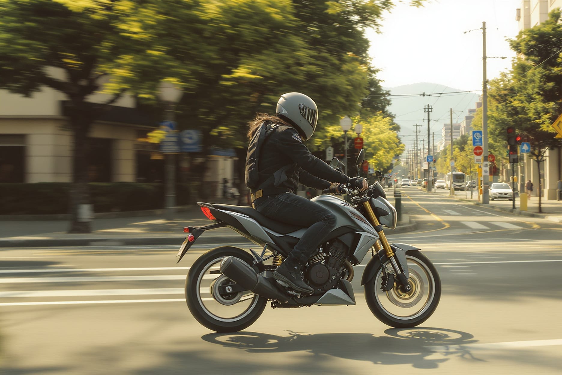 Motarde sur une moto légère dans une rue arborée